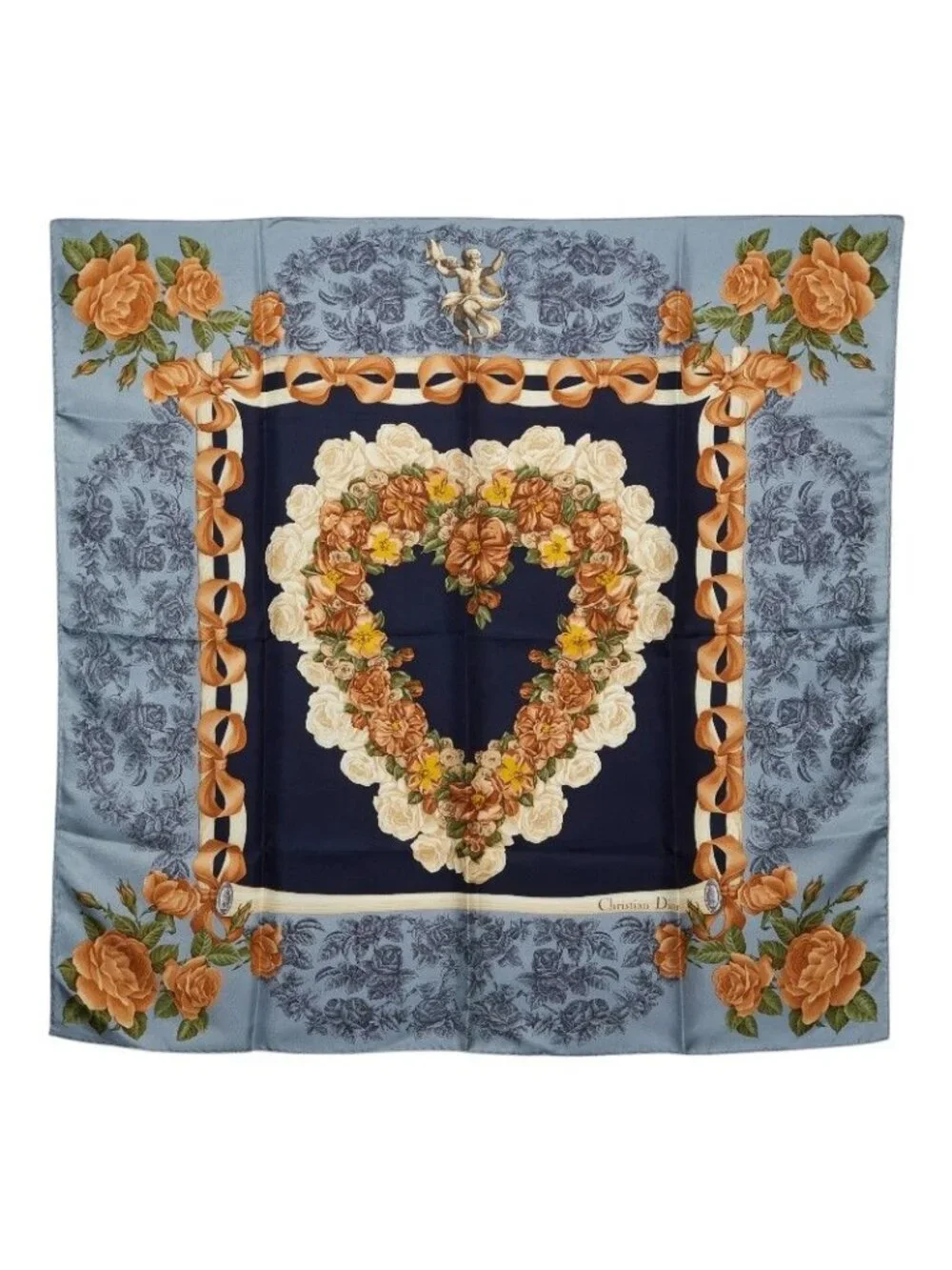 Dior Logo Flower Heart Motif Scarf Navy Blue Multicolor Silk